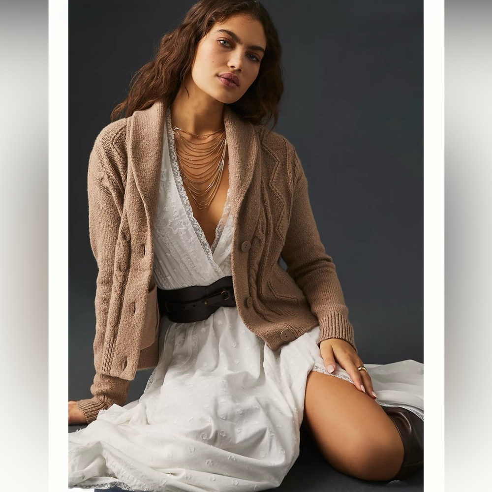 Pilcro Cable Knit Shawl Collar Cardigan in Taupe